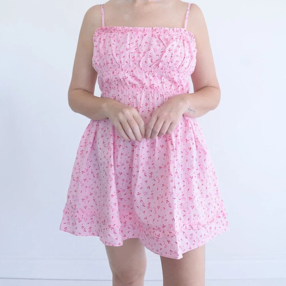 Free People Gabby  Mini Pink Cherry Spaghetti Strap Mini Cotton Dress S - Picture 2 of 11